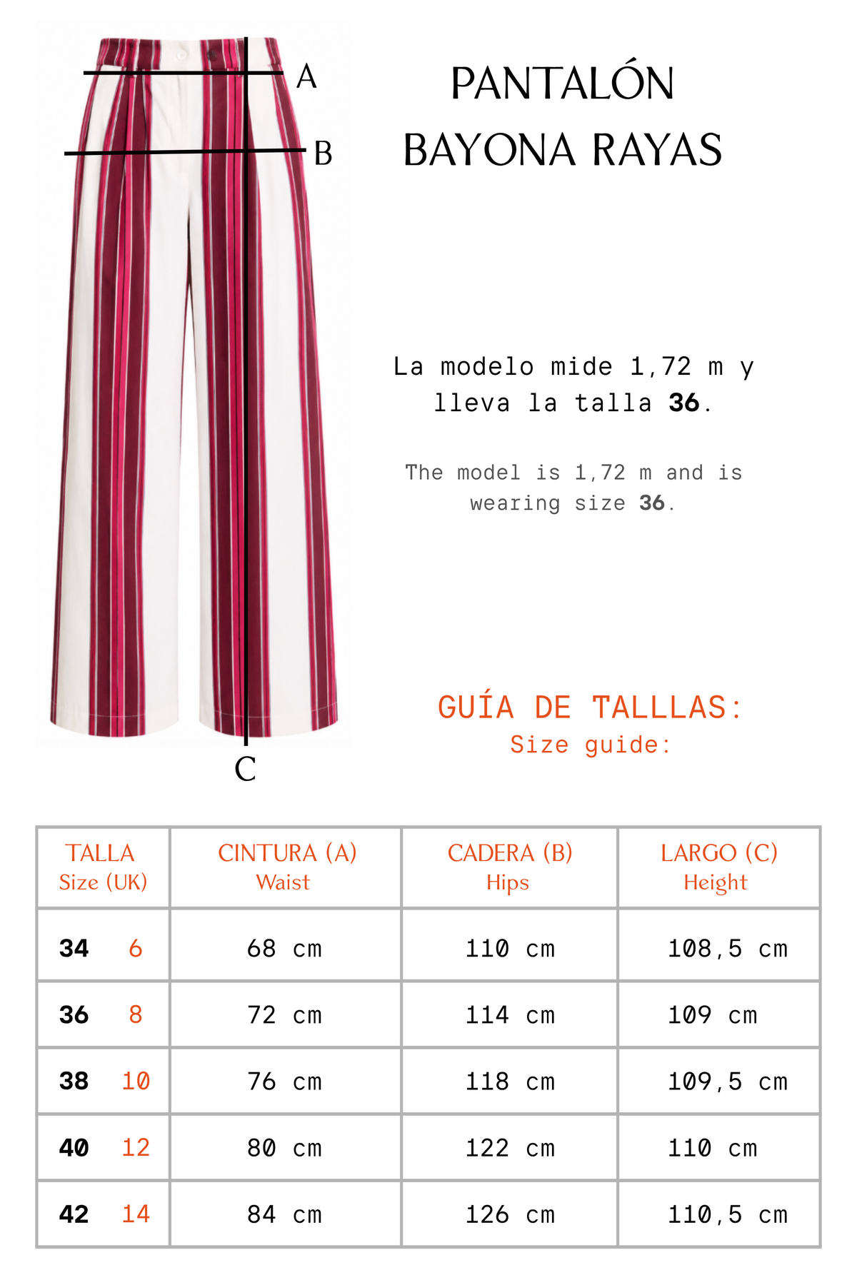 Size guide for the WERIT Bayona Red Striped Trousers