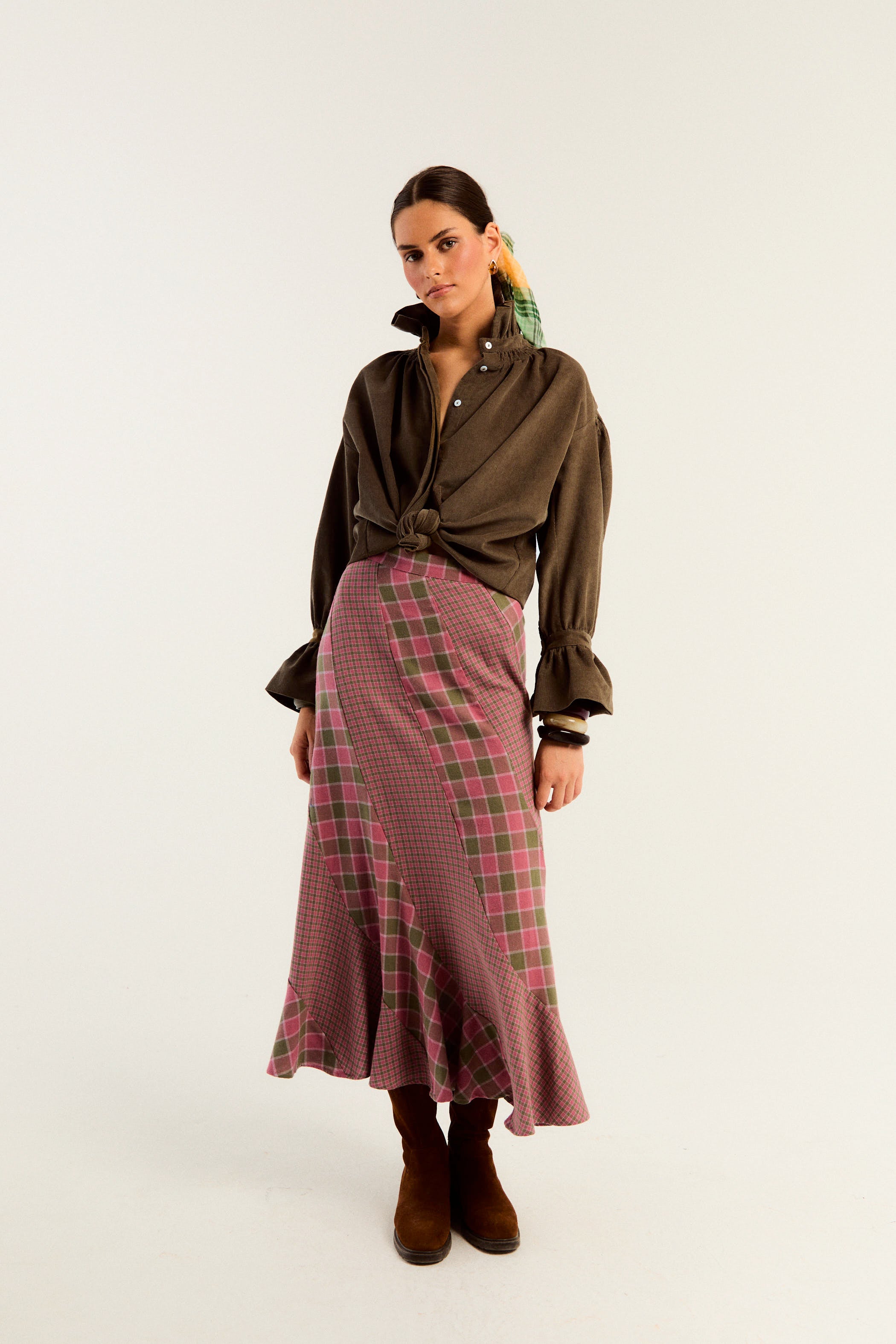 FALDA GILDA CUADROS ROSA Y KAKI